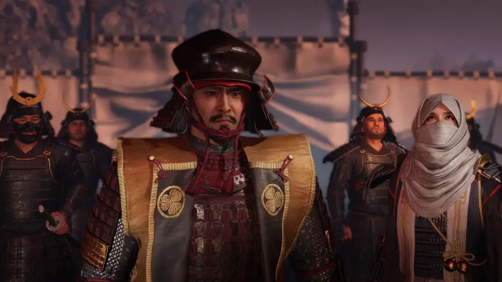 Nioh 3: Upper-body shots of six Samurai characters looking up at the sky with concerned expressions.