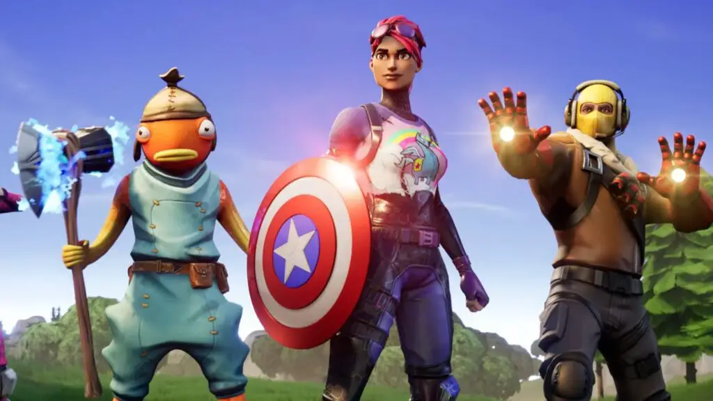 A lineup of Fortnite characters dressed as Marvel heroes.