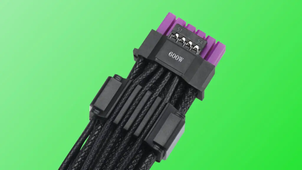 An image of the Asus ROG Equalizer 12V-2x6 power cable, against a gradient green background