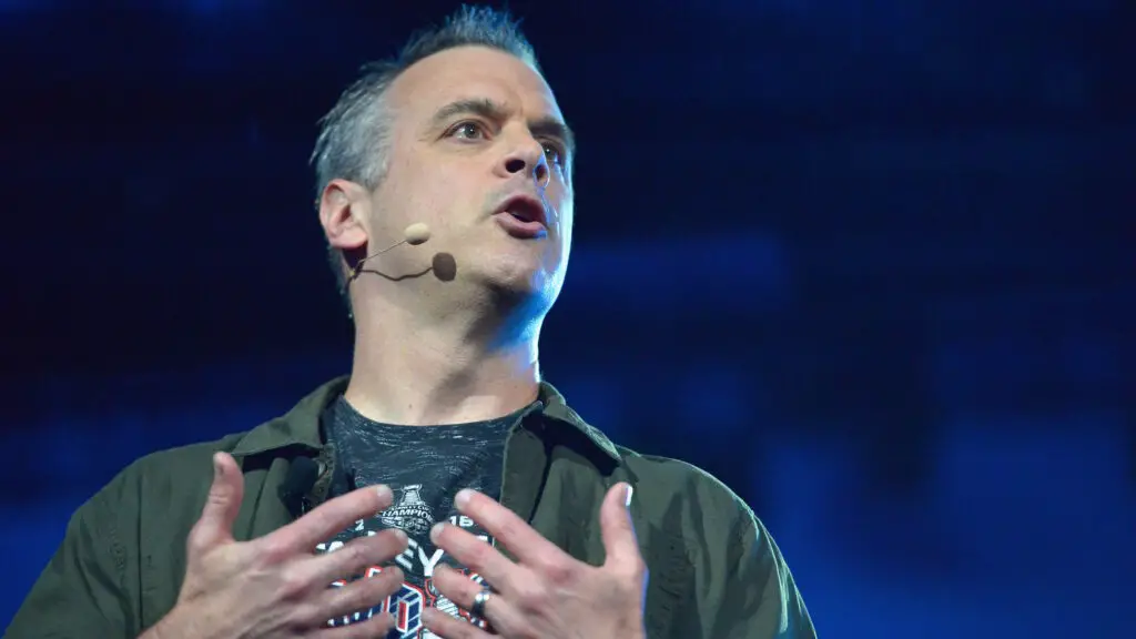 Pete Hines speaks onstage at E3 2018.