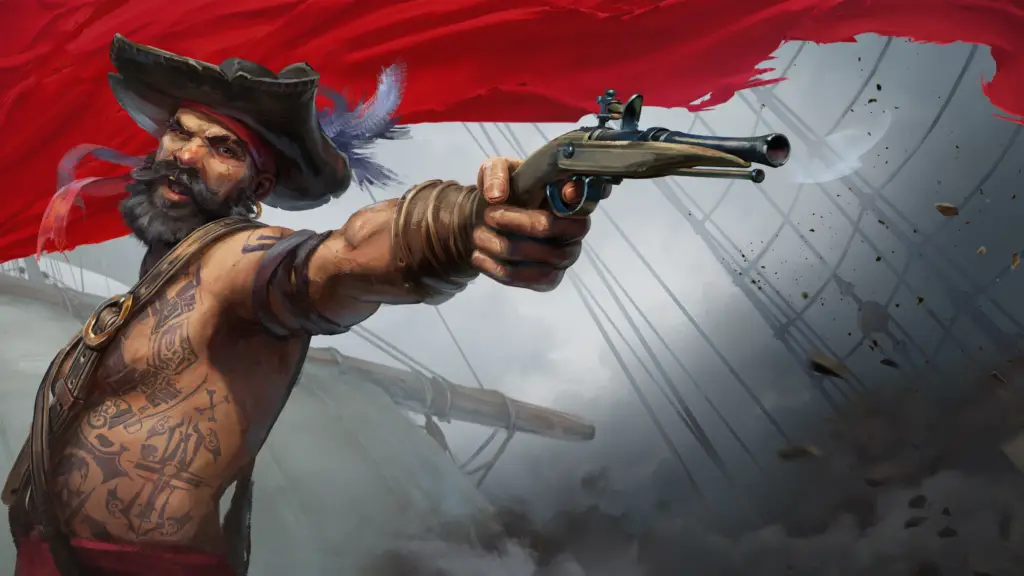 A tattooed pirate pointing a pistol in Windrose