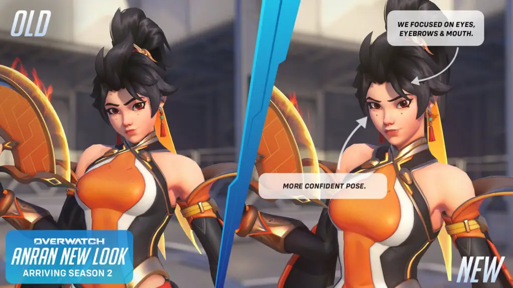 Overwatch: A side-by-side comparison of Anran's old and new visuals.