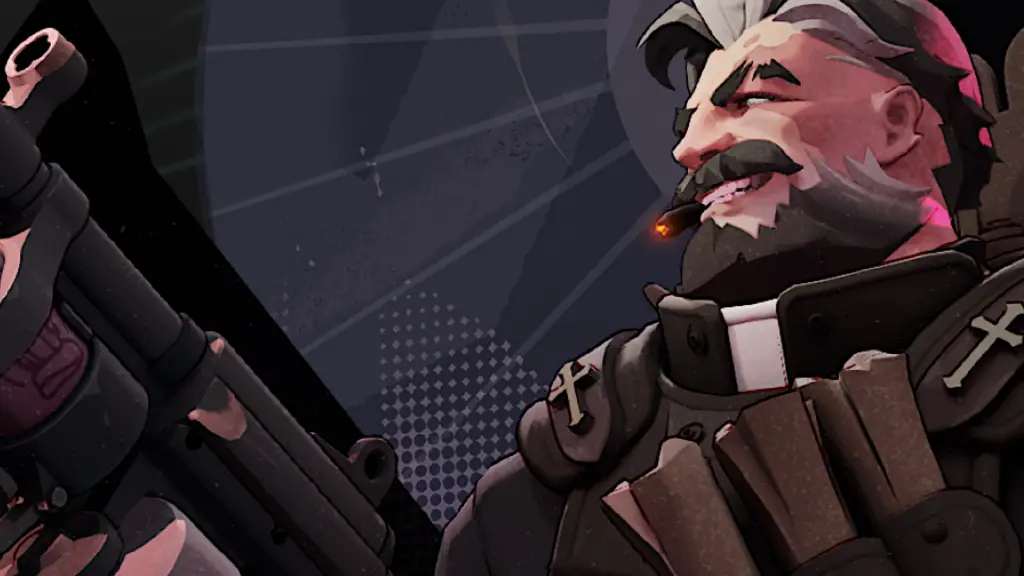 Venator, a grinning war-priest with a smoking cigar in his mouth, poses heroically on the character select screen in Deadlock.