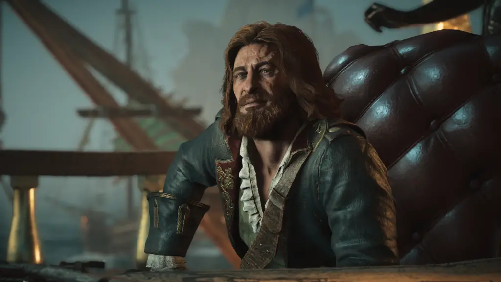 A pirate captain steering a ship in Skull and Bones