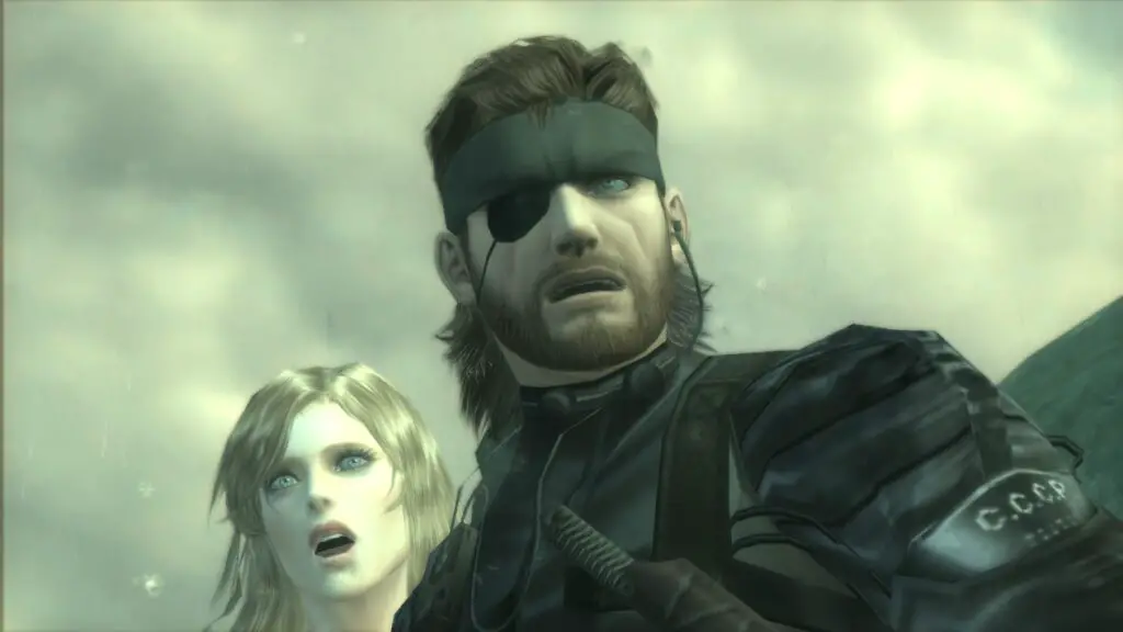 Naked Snake and Eva look shocked in Metal Gear Solid 3.