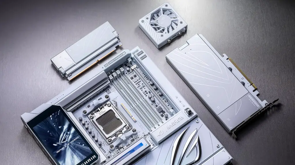 A promotional image of the Asus ROG Crosshair X870E Glacial gaming motherboard, with the included RAM cooler, Q-DIMM.2 and Hyper M.2 expansions cards set next to the board.