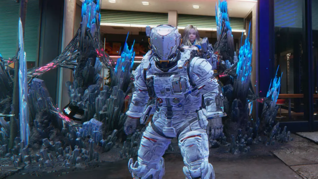 Pragmata blue crystals: Hugh and Diana standing in front of two blue crystals blocking the doorway of a shop.