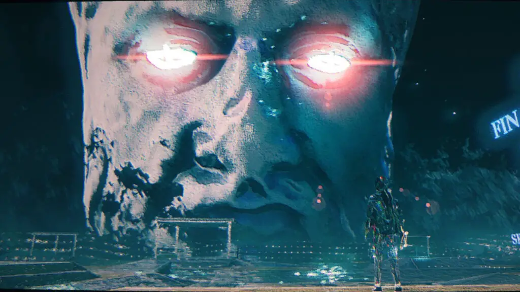 A giant stone bust of a philosopher with glowing red eyes stares down at a glass-skinned skater in Skate Story.