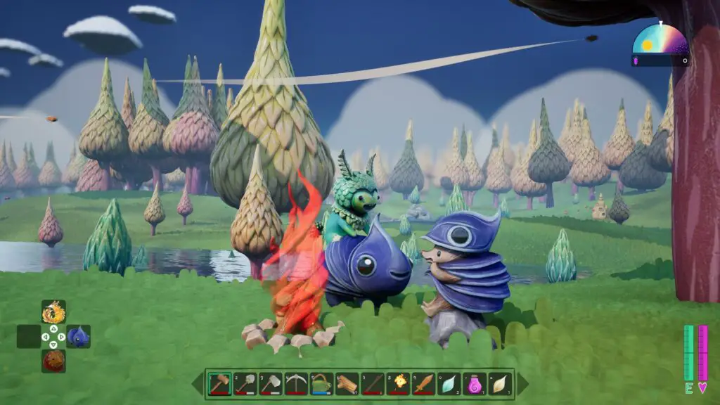 OddFauna - A leafy green Astor rides a blue-shelled Fauna beside a small furry Fauna sitting at a campfire