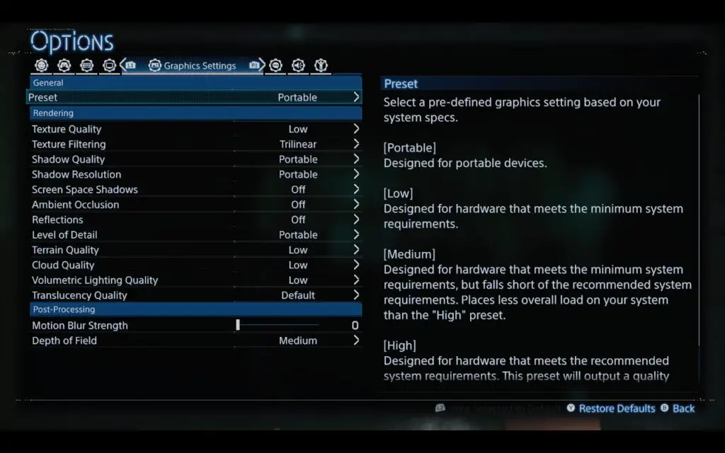 Optimized settings menu for Death Stranding 2