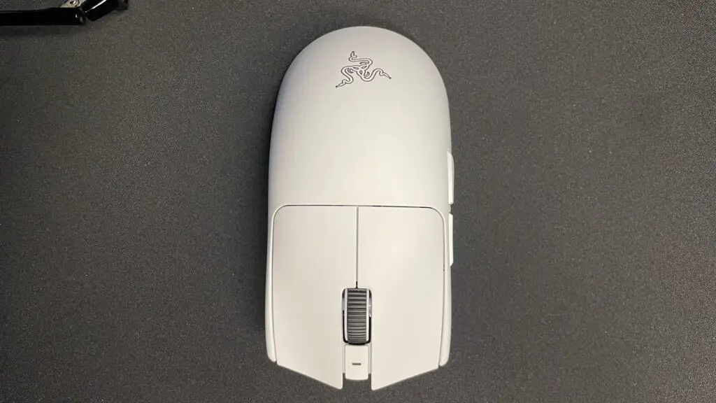 A white Razer Viper V4 Pro gaming mouse on a desk