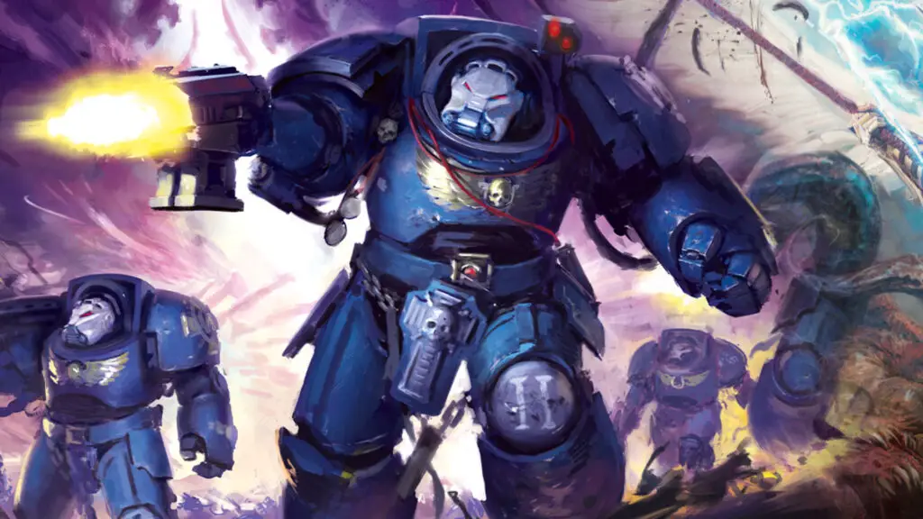 An illustration of a squad of Space Marine terminators firing storm bolters.