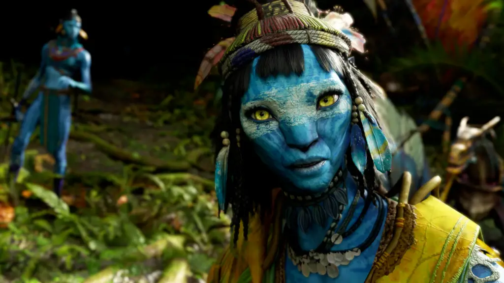 Avatar: Frontiers of Pandora screenshot showing Na'vi standing in front of her home tree in max graphics mode.