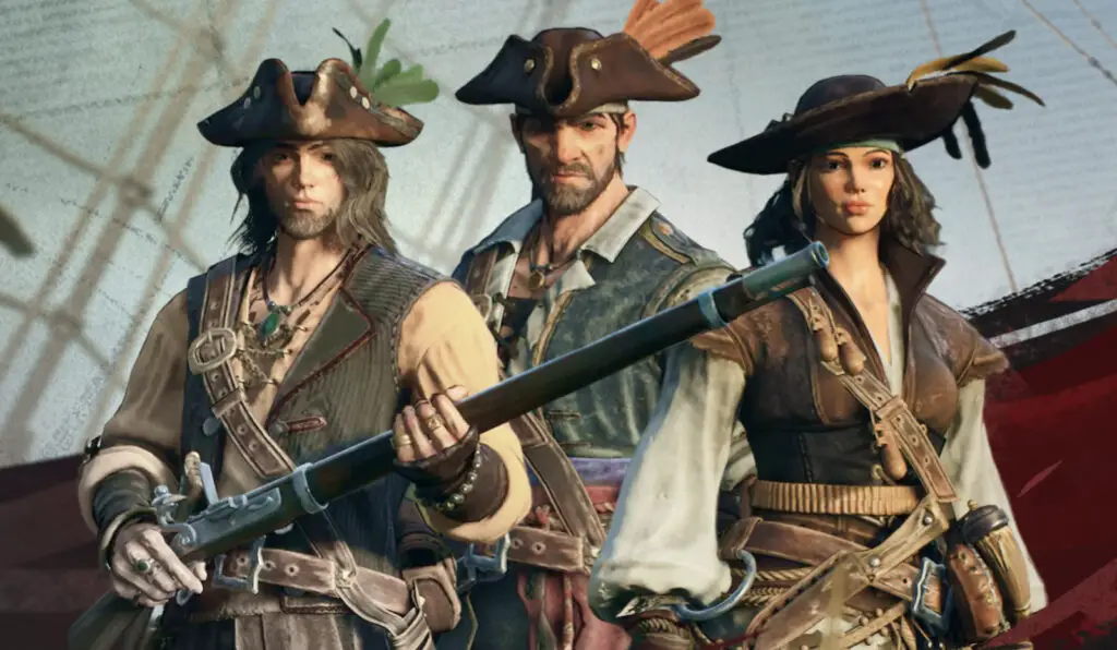 A trio of pirate characters preparing for an adventure in Windrose.