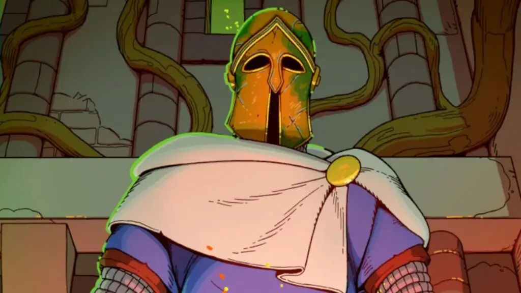 Esoteric Ebb Cleric wearing hoplite helm looking down and lit from below.