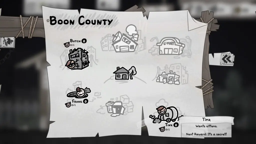 Mewgenics Fancy Bow: The Boon County map, specifically focusing on Tink in the bottom right corner.