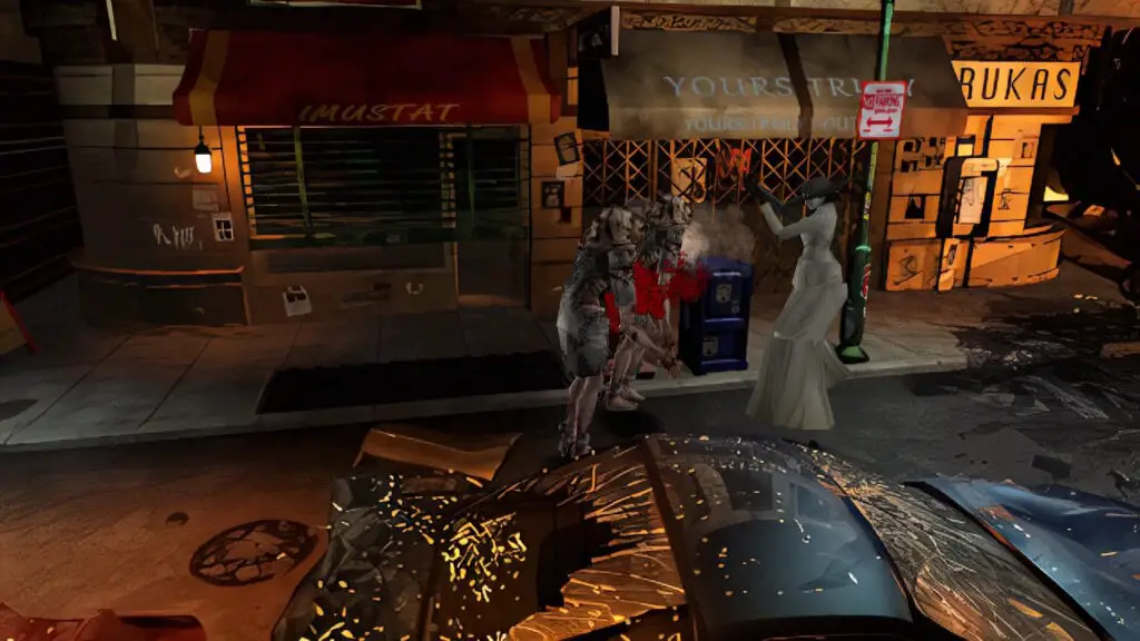 Lady Dimitrescu fires a rocket launcher in the streets of Raccoon City