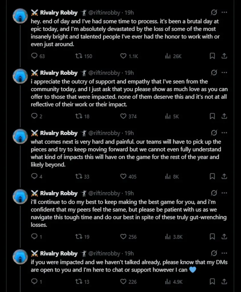 A message from Fortnite producer Robby Williams regarding Epic Games layoffs