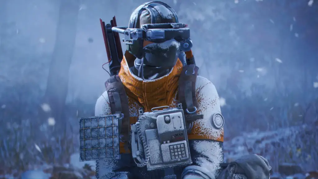 Arc Raiders character managing gear in a snowy environment.