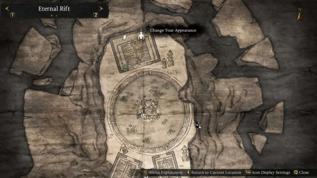 Navigating the Eternal Rift hub area in Nioh 3 to change character appearance