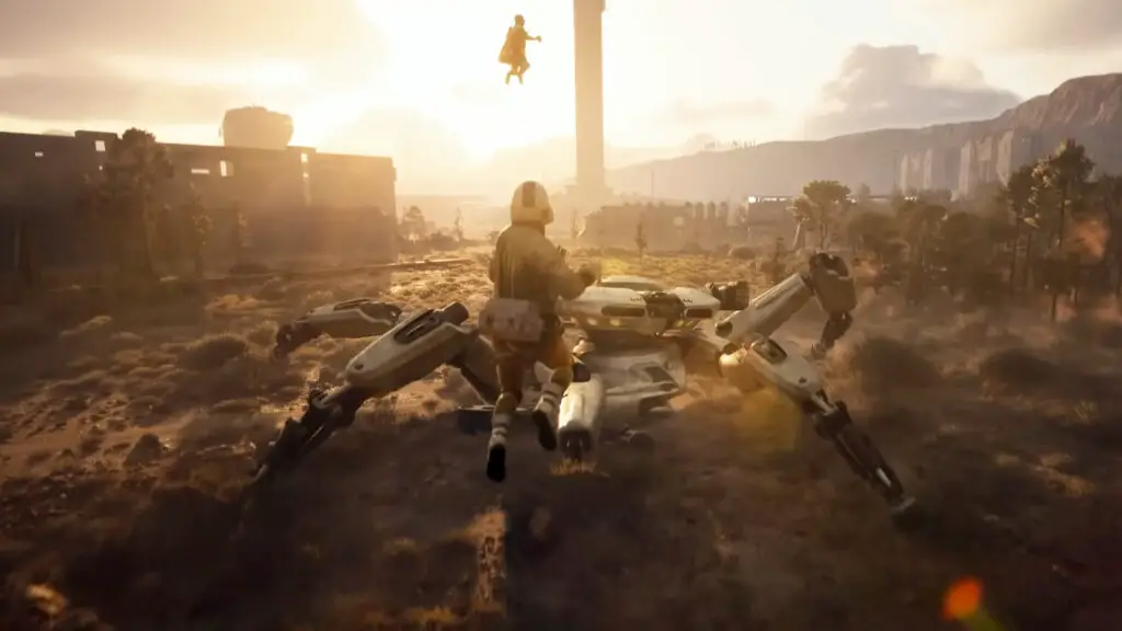Arc Raiders: A screenshot from the original reveal trailer showing a character flying in the air after using a jump pad, leaping towards a large robot.