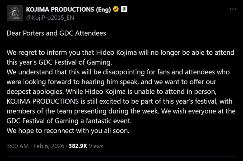 Official statement from Kojima Productions regarding GDC attendance.