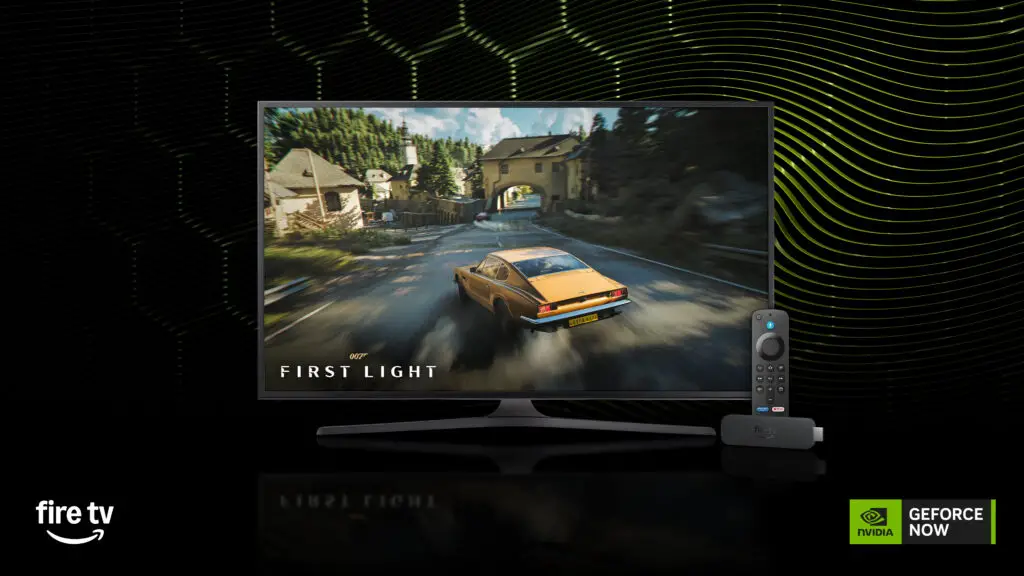 A demonstrative illustration showing 007 First Light being played via an Amazon Fire TV device.