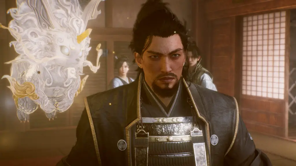Nioh 3: The player character in samurai attire with a stern expression, with a glowing white Guardian Spirit over their right shoulder.