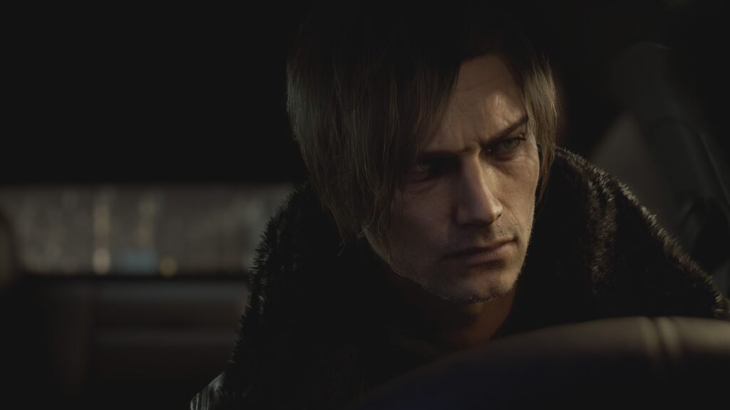 Leon standing in front of a warped door in Resident Evil Requiem