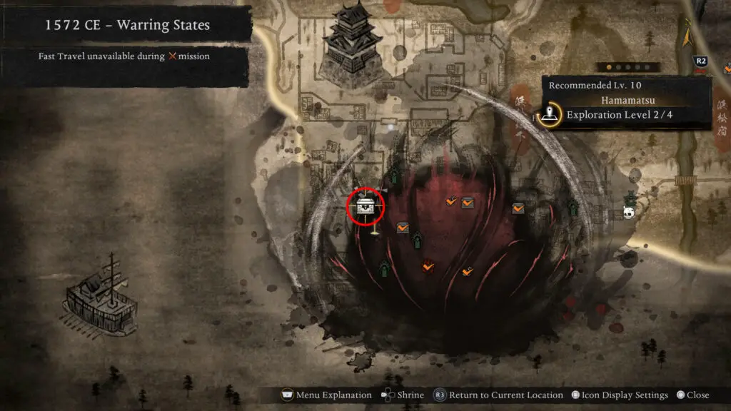Nioh 3 Jakotsu-baba: A map with a red circle highlighting the location of the Supreme Parry skill in Hamamatsu Castle.