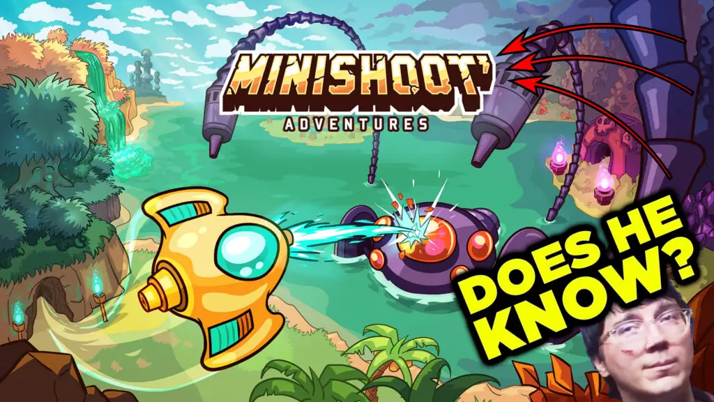 Minishoot' Adventures title card with red YouTube-style arrows pointed at the apostrophe