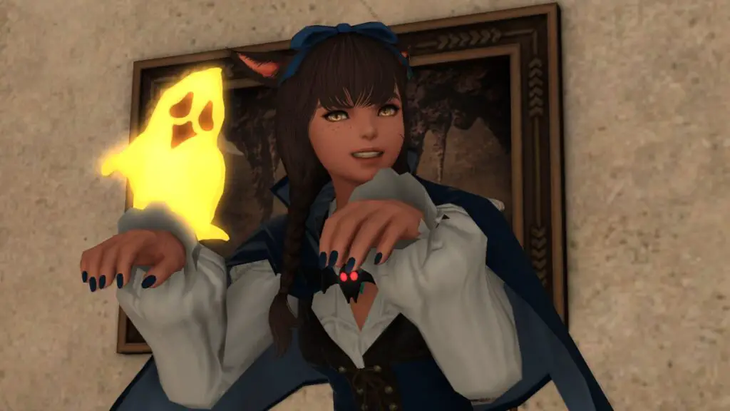 Final Fantasy 14 Miqote and her ghost minion doing a silly, creepy pose in front of a white wall. 