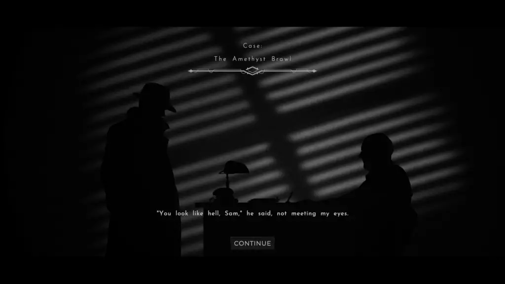 A silhouetted interaction between the detective and a police superior.