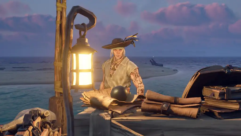 A character in Windrose standing behind a counter with a lantern