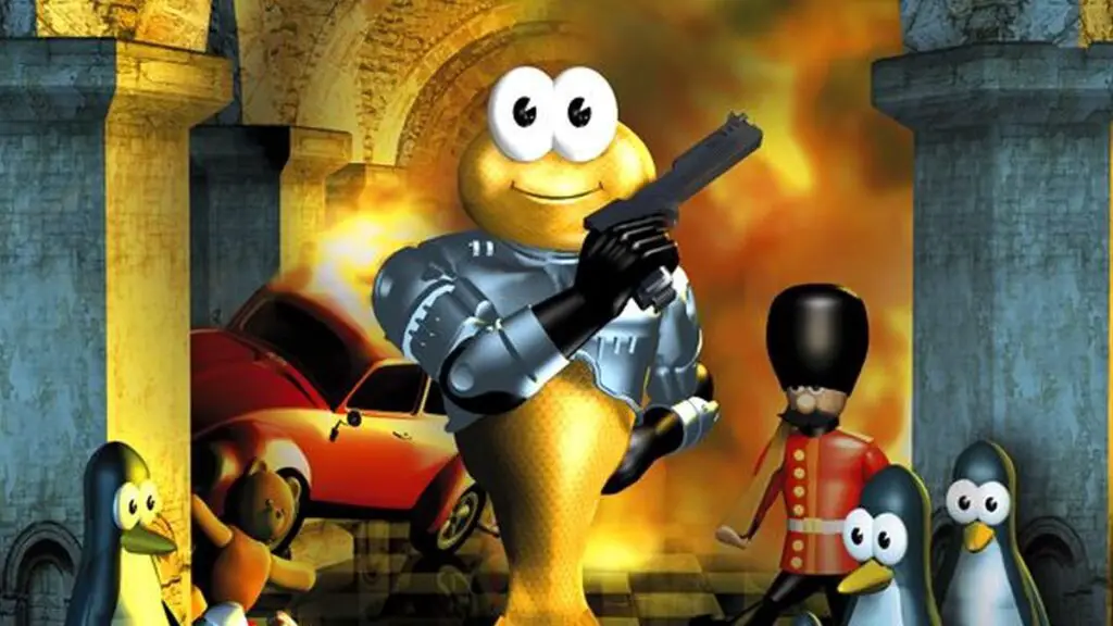 A promotional image featuring James Pond, the armored fish, alongside penguins and toy soldiers