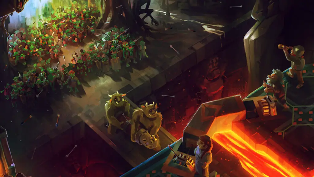 Key art of a dwarf fortress under siege by dragons.