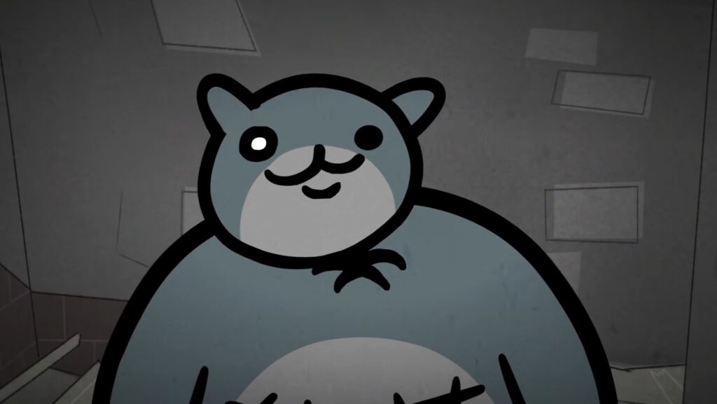 Mewgenics trailer still - large smiling grey cat who I'm sure is very nice