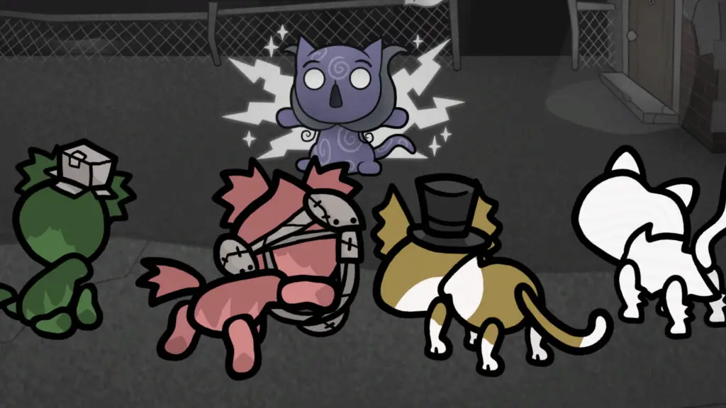 Mewgenics classes: A group of four cats facing a blue boss cat.