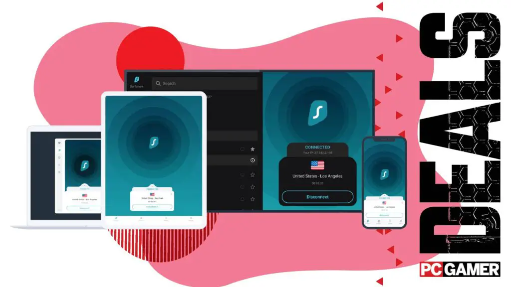 Surfshark VPN interface displayed on various mobile and desktop devices within a professional tech workspace.