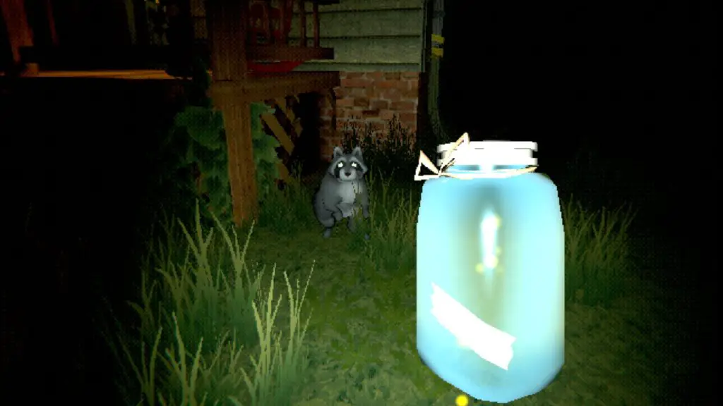 Creature Kitchen - A racoon crawling out from under the porch to look at bottled fireflies