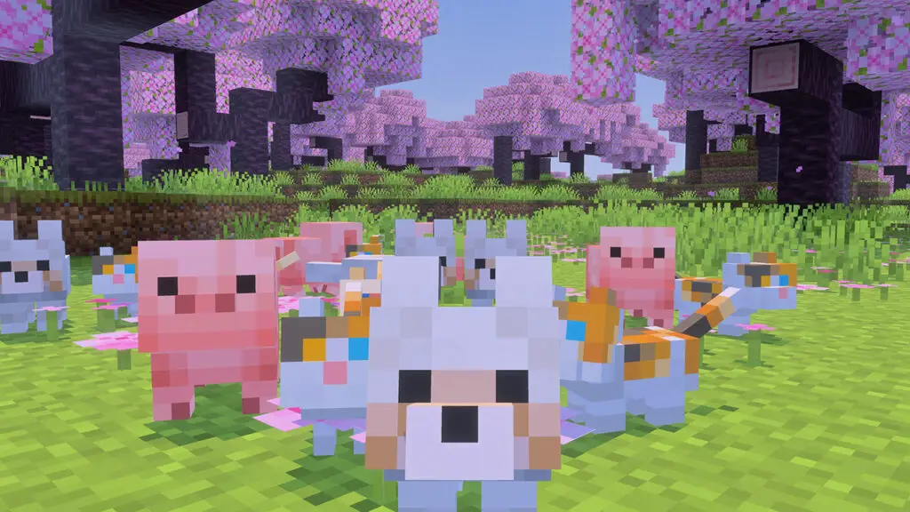 Minecraft wolf puppy looking at the player with piglets and kittens behind