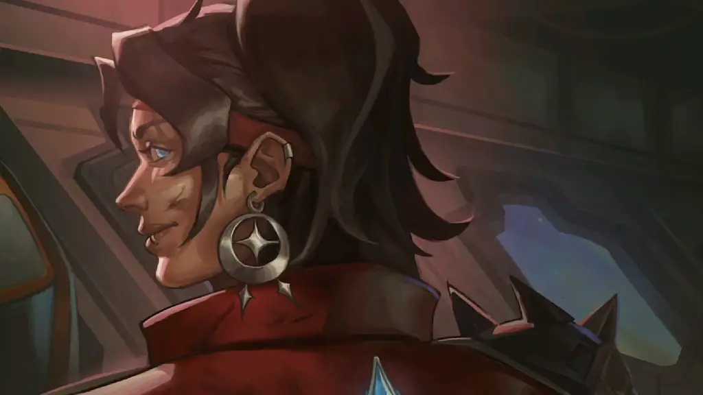 Captain Khali from Starfinder: Afterlight looks over her shoulder with a smarmy, confident grin.