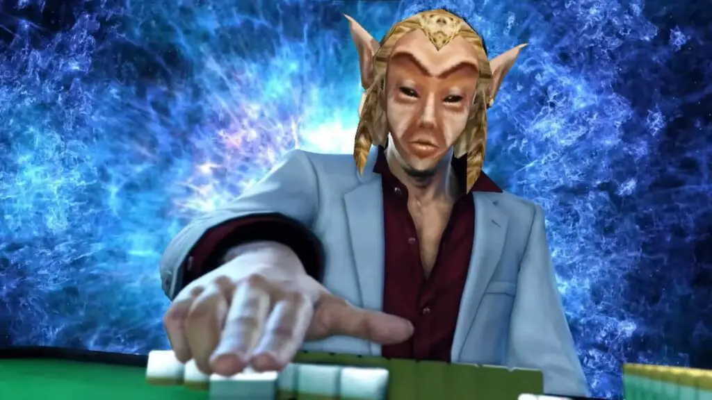 A humorous overlay of a Morrowind character playing mahjong