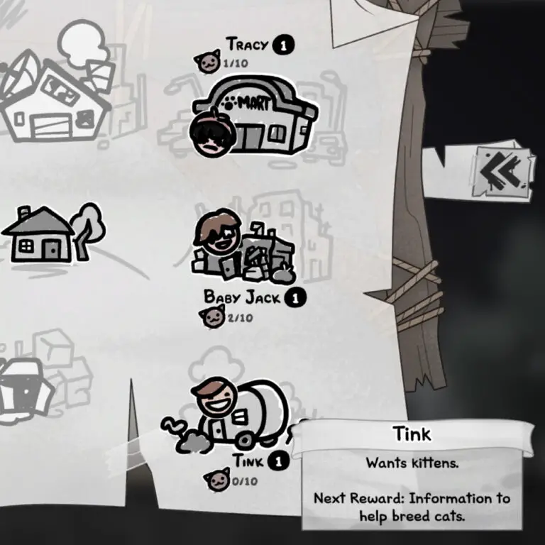 Mewgenics breeding guide: A zoomed-in screenshot of the map, showing Tink's upgrades.