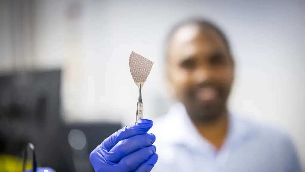 A photo of a material science researcher holding a piece of AlScN-based flash memory in tweezers