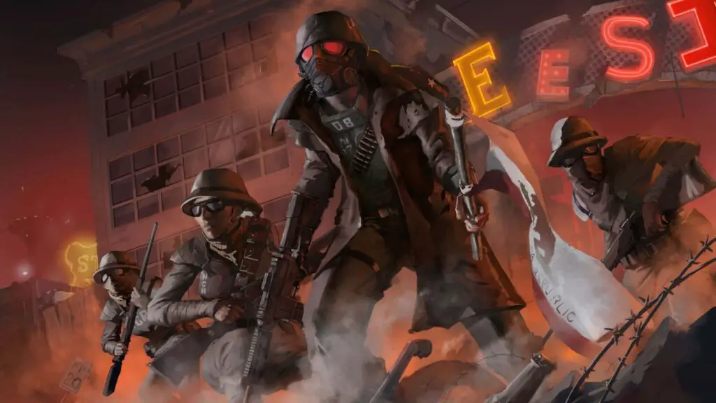 Fallout New Vegas NCR troopers led by a veteran ranger charge out of Freeside