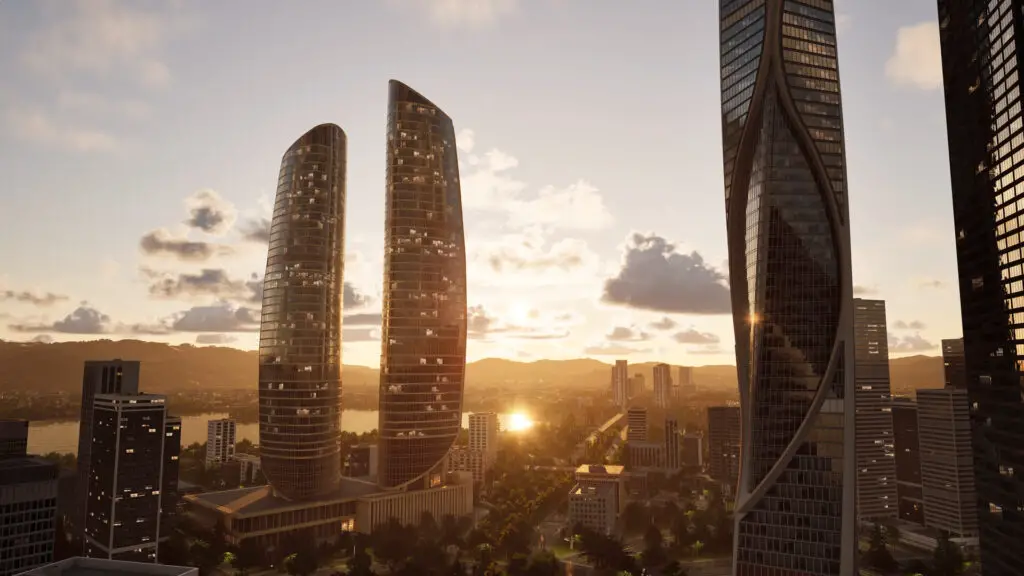 Skyscrapers glitter in the light of a setting sun in City Masterplan.