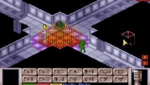 Soldiers advance through a space ship.