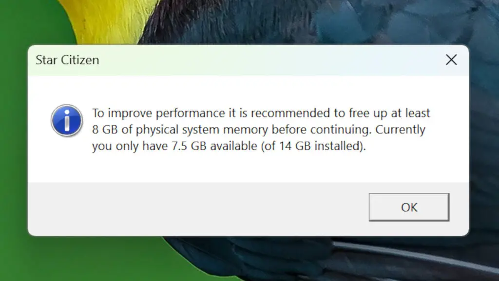 A warning message generated by Star Citizen on a gaming PC with 16 GB of system memory