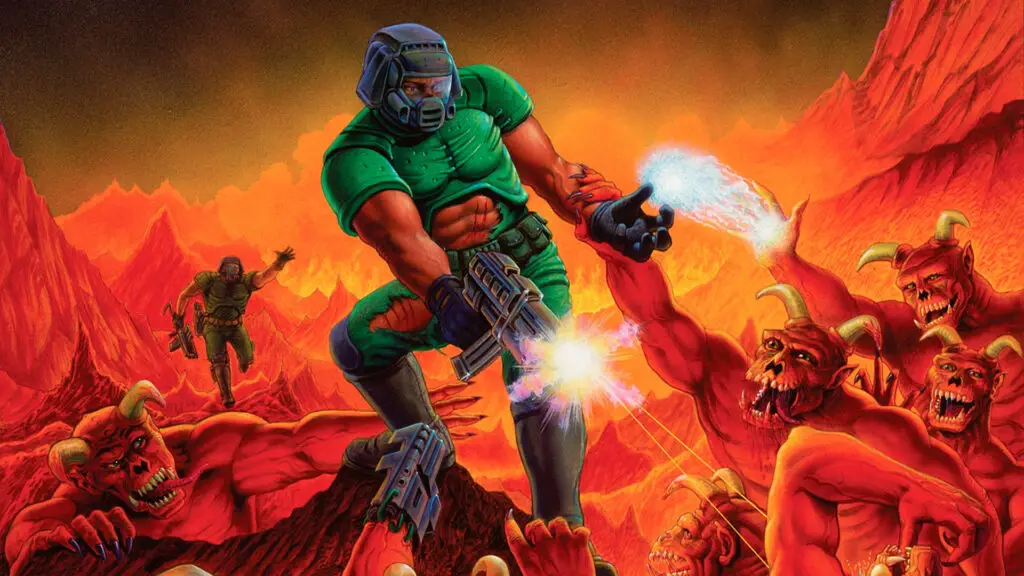 Doom (1993) key art depicting Doom Guy shooting at hordes of demons